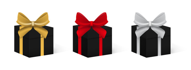 Realistic gift boxes with red, white, black, and golden satin bows. Square form gift box, in front view, standing on a surface. Holiday decoration. Black friday sale collection. Vector illustration