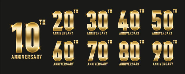 Set of anniversary gold icons. Flat design. Golden Number 3D Style Font. Number golden color for celebration event, invitation, greeting, web template, leaflet and booklet. Vector illustration - obrazy, fototapety, plakaty