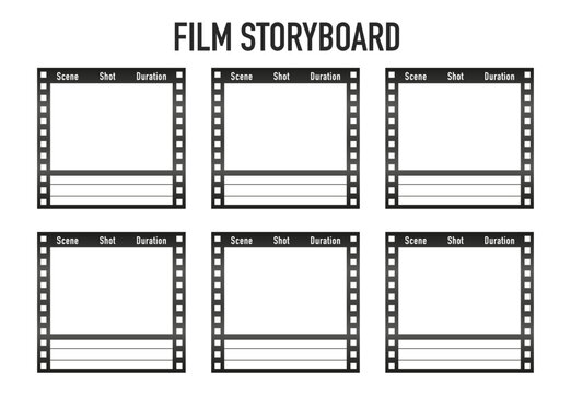 Storyboard layout for film or animation on white background. Professional movie storyboard mockup. Artistic design film story board layout template. Vector illustration