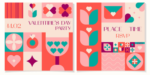 Happy Valentine's day geometric abstract party invitation. Mosaic cards print with hearts, birds, plants and simple forms in a trendy style