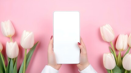 Smartphone in hand with an empty white screen on a background of flowers. Women's Day. A place to copy. Women's Day.