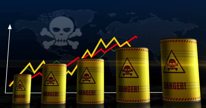 Danger warning with skull symbol barrels on growing chart. Dangerous caution industrial metal containers with increase statistic diagram.