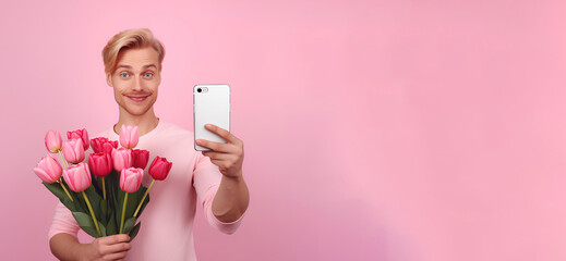 A young man with delicate tulips takes a selfie on his phone, on a pink background. A festive banner.