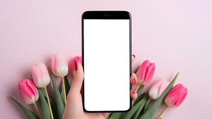 Smartphone in hand with an empty white screen on a background of flowers. An application for flower...