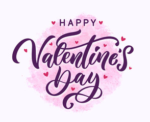 Valentine's Day text. Holiday handwritten lettering typography. Happy Valentine's Day text with cute hearts on a pastel pink background.