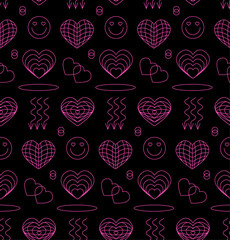 Fototapeta premium Valentine's Day seamless background with neon pink hearts shape, y2k retro element. Vector illustration in 90s, psychedelic style 