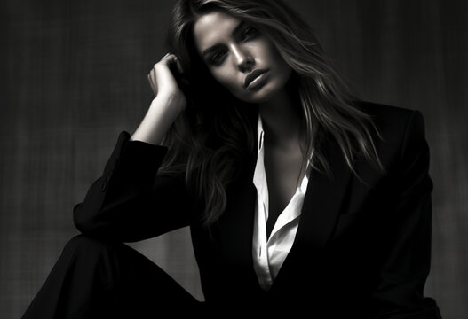Jeune femme, mannequin qui prend la pose pour une photo en noir et blanc. Mode, beauté. Pour conception et création graphique.