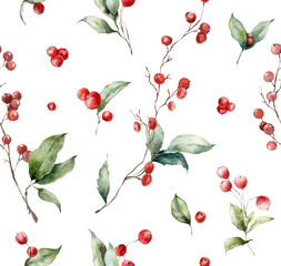 Watercolor seamless pattern of red berries, leaves and branches. Hand painted winter plant isolated on white background. Illustration for design, print, fabric or background. - 696014558