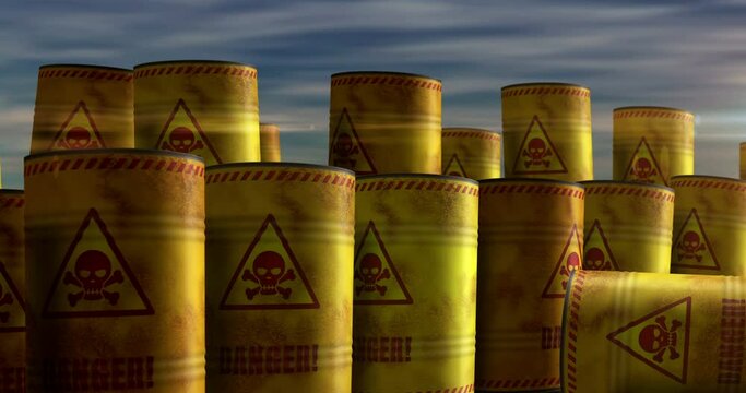 Danger warning with skull symbol barrels in row concept. Dangerous caution industrial metal containers.