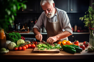 Old man cooking vegetables on a kitchen