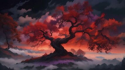 Ethereal Red Leaves in Twilight Mist - Enchanting Nature Landscape. Generative AI