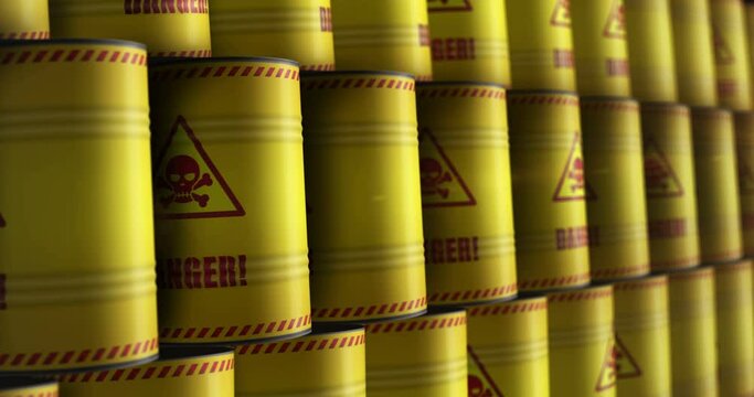 Danger warning with skull symbol barrels in row seamless and loopable concept. Dangerous caution industrial containers.