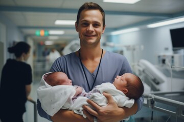 A father holds newborn twins in his arms against the backdrop of a hospital. Generative AI - obrazy, fototapety, plakaty