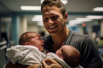 A father holds newborn twins in his arms against the backdrop of a hospital. Generative AI - obrazy, fototapety, plakaty