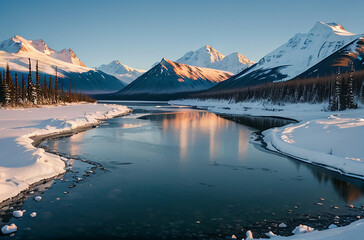 freezing winter river in the snowy mountains with a blue sky