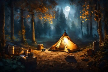 A dreamlike depiction of an adventure camp, where the moonlight filters through the leaves