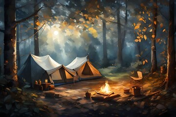 A dreamlike depiction of an adventure camp, where the moonlight filters through the leaves