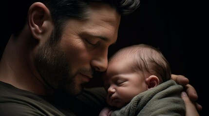Close-up portrait of dad and baby. Father's love. Happy new dad. Parental tenderness. Generative AI