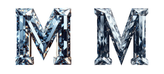 diamond alphabet - letter M - 3D isolated transparent background PNG - cristal letter M from the alphabet - Glass M letter - obrazy, fototapety, plakaty