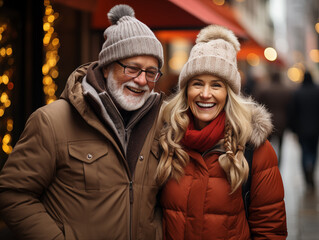 Happy laughing eldery couple wearing in cozy jakets and hats with pompom walking winter street decorated with lights for winter holidays - obrazy, fototapety, plakaty