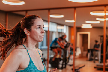 Woman running on a treadmill inside a gymnasium