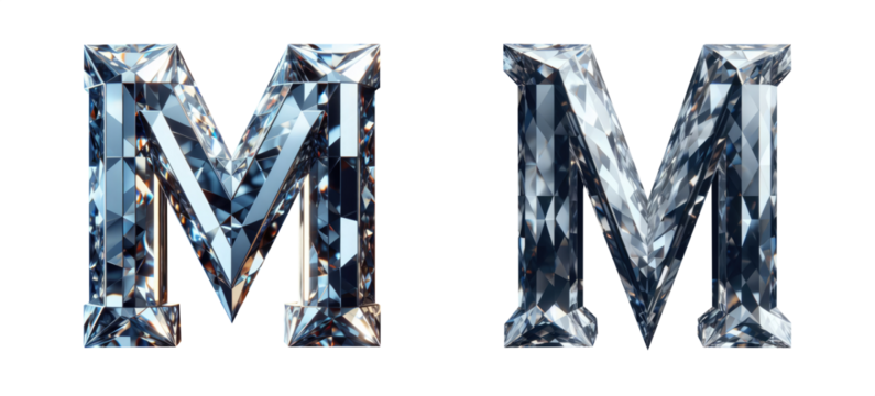 diamond alphabet - letter M - 3D isolated transparent background PNG - cristal letter M from the alphabet - Glass M letter