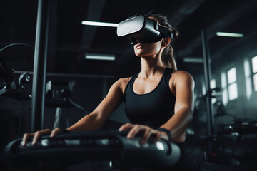 Fototapeta na wymiar Woman wearing VR goggles and practicing Pilates on a Pilates bed and using VR to move better