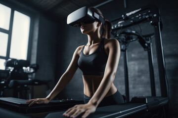 Obraz na płótnie Canvas Woman wearing VR goggles and practicing Pilates on a Pilates bed and using VR to move better