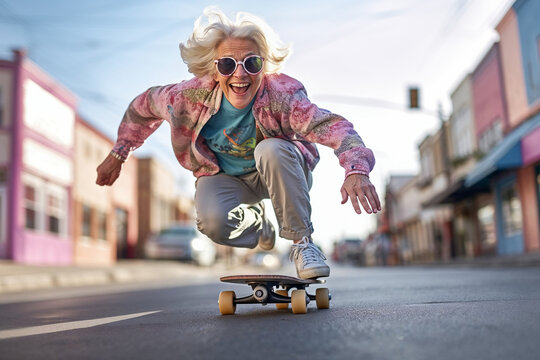 Dynamic funny grandmother riding a skateboard, high speed on asphalt urban road. Active senior lifestyle concept : Sunset of life in colors.