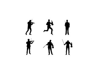 Set of Violinist Silhouette in various poses isolated on white background