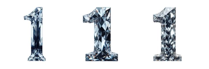 diamond number - number 1 - 3D isolated transparent background PNG - cristal number 1 - Glass 1 number
