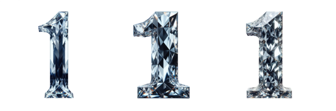 diamond number - number 1 - 3D isolated transparent background PNG - cristal number 1 - Glass 1 number