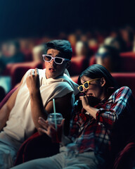 Emotional young man and woman wearing 3D glasses, sitting in cinema and watching horror movie....