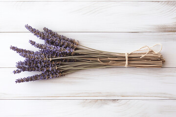 Dried lavender flower bouquet on a wooden table, creating a scented and organic decoration.
