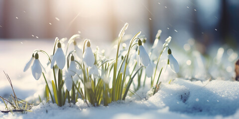 Close-up of snowdrops in a meadow, portraying the delicate and cute beauty of the winter and spring transition.