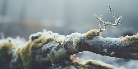Close-up of a frosty branch in a winter landscape, capturing the beauty and tranquility of the environment.