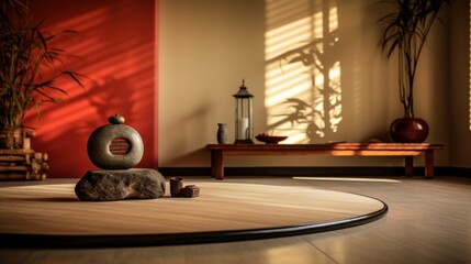 Zen Meditation Space with Calming Shadows and Light. Serene meditation space bathed in warm light and shadows, stone fountain, bamboo plants, and traditional decor for a peaceful ambiance.