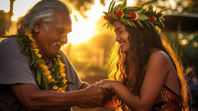 Fototapeta Generational Bonding through Hooponopono Forgiveness Practice. An elder and a young woman share a moment of Hooponopono, the Hawaiian practice of forgiveness and emotional healing.