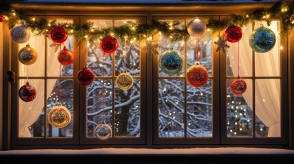Christmas lights and decorations hanging on window inside house or apartment in morning time. Christmas window decorations. 
