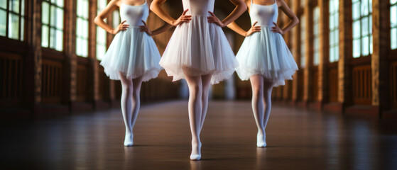 Crop image of three ballerinas in white tutus dance on a dark stage web banner