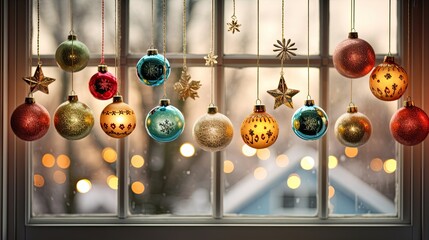Christmas lights and decorations hanging on window inside house or apartment in morning time....