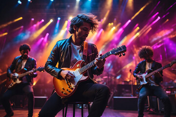a music band group performing on a concert stage, with a spotlight on the guitarist, multi color lights in background