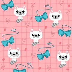 Pattern: White big-eyed kittens and blue bows