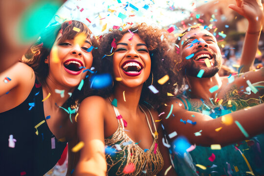 Happy young friends having fun at carnival in Brazil