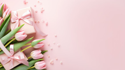 Gift box with a satin ribbon surrounded by pink tulips and delicate petal decorations on a pastel pink background