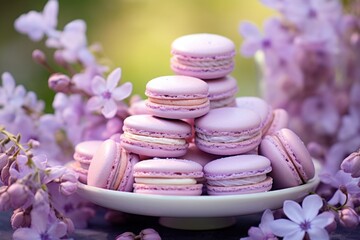 French lilac macarons with lavender flavour and fresh lavender flowers. Delicious dessert
