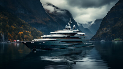 A luxury yacht located on a harsh Norwegian fjord. The concept of quiet luxury - obrazy, fototapety, plakaty