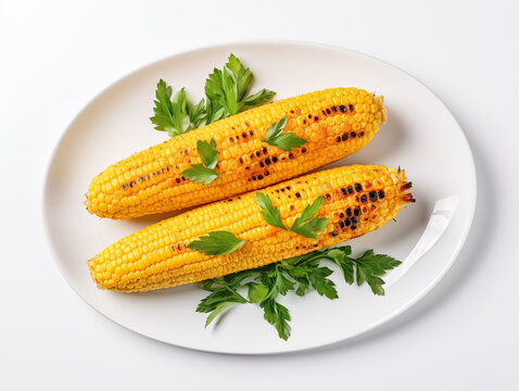 Grilled oily corn on white plate 