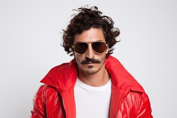 Obraz premium Young confident european artist man in red coat looking at camera. Isolated on white