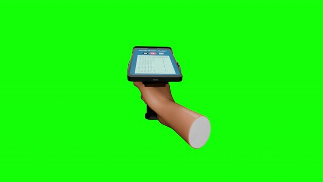 Handheld RFID Scanner or RFID Gun scanning inventory. 4k, Green screen, Matte, 3D animation.